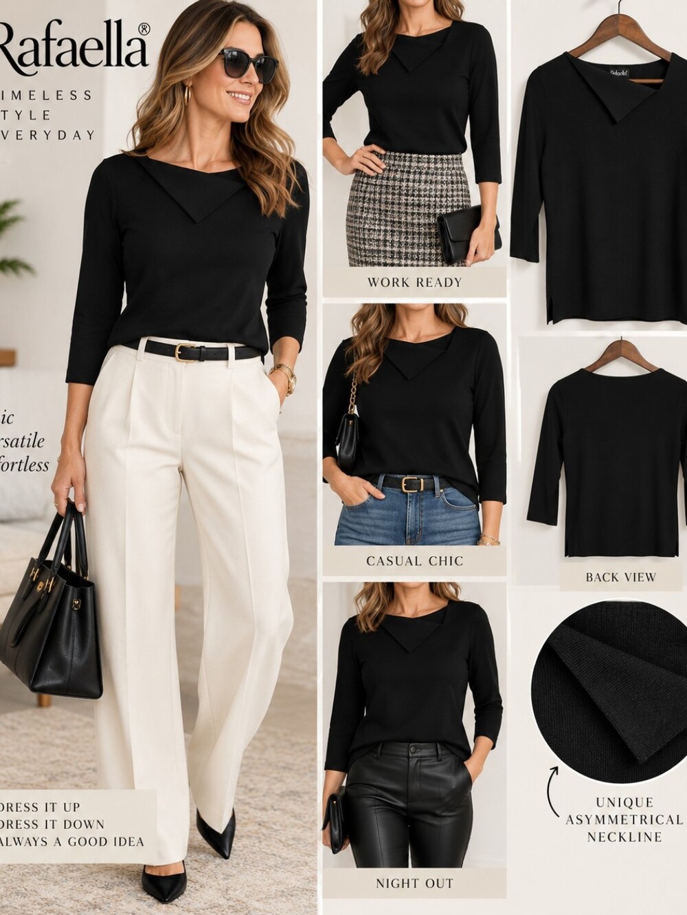 Rafaella Black Asymmetrical Collar 3/4 Sleeve Top – Medium – NWOT